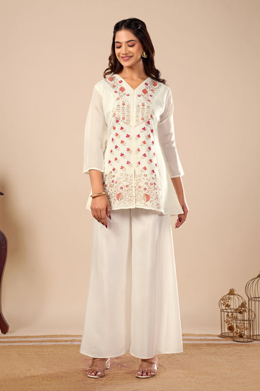 Kusum White Floral Embroidered Mul-Chanderi co-ord set