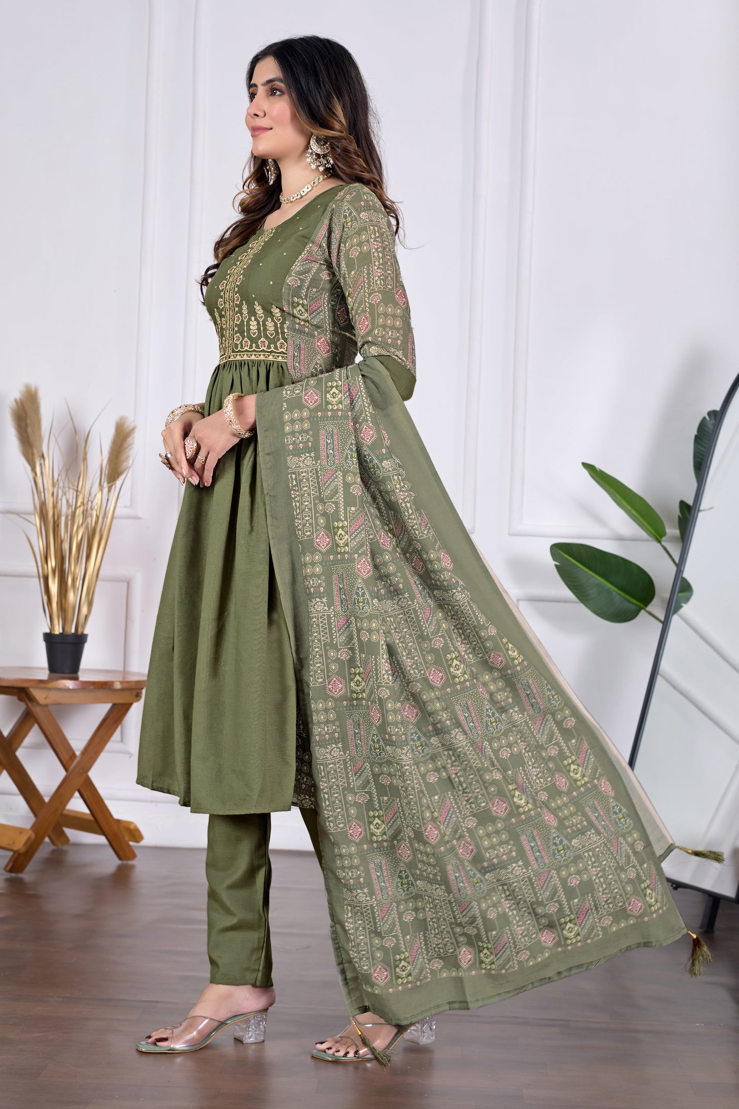 Diya Antique Olive Floral Embroidered Anarkali Pleated Kurta & Trousers With Dupatta