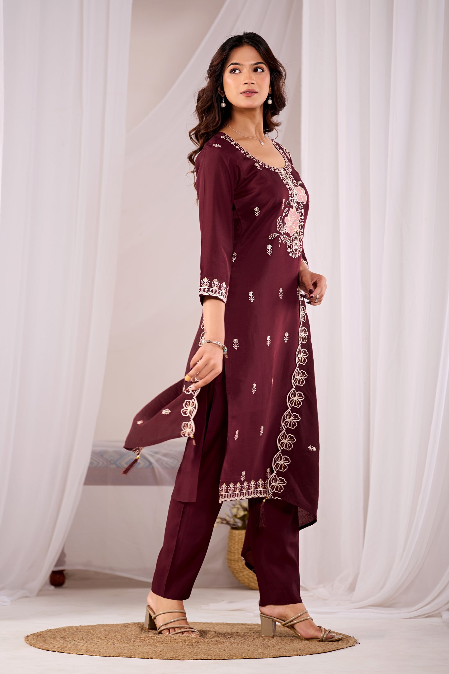 Maroon Aarohi Ethnic Motifs Embroidered Silk Kurta Set with Dupatta