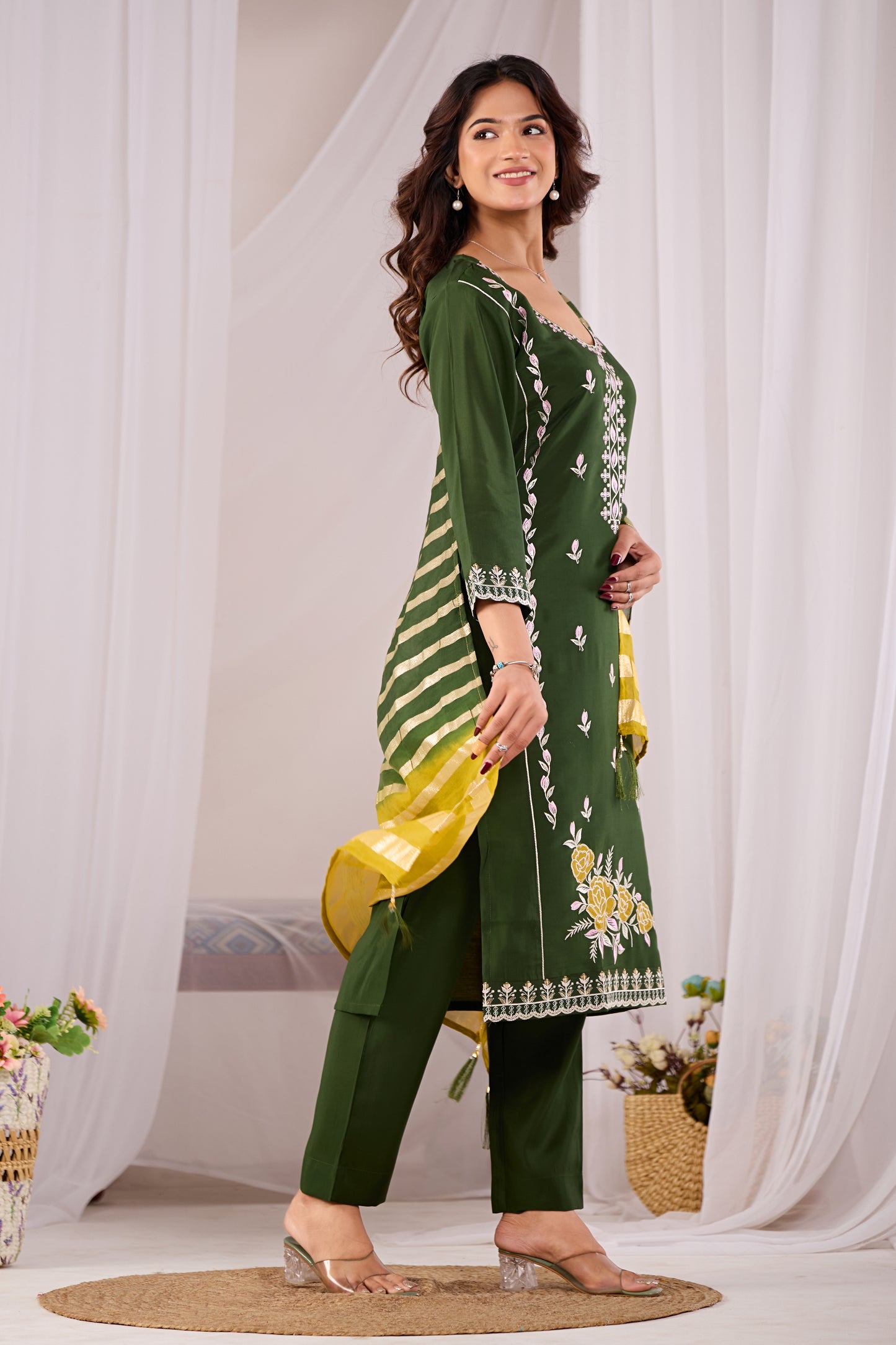 Green Heritage Embroidered Silk Kurta Set with Dupatta