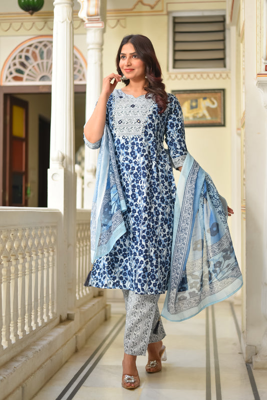 OCEAN LEAF COTTON KURTA SET WITH DUPATTA - Decize Clothing