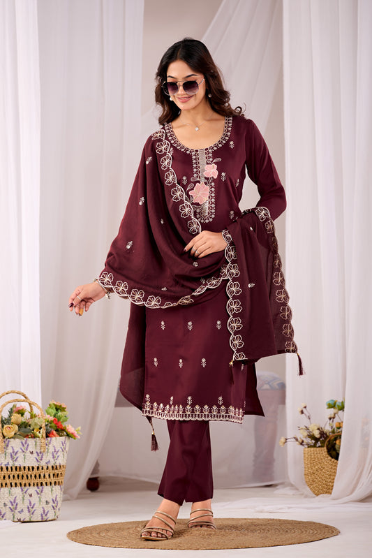 Maroon Aarohi Ethnic Motifs Embroidered Silk Kurta Set with Dupatta