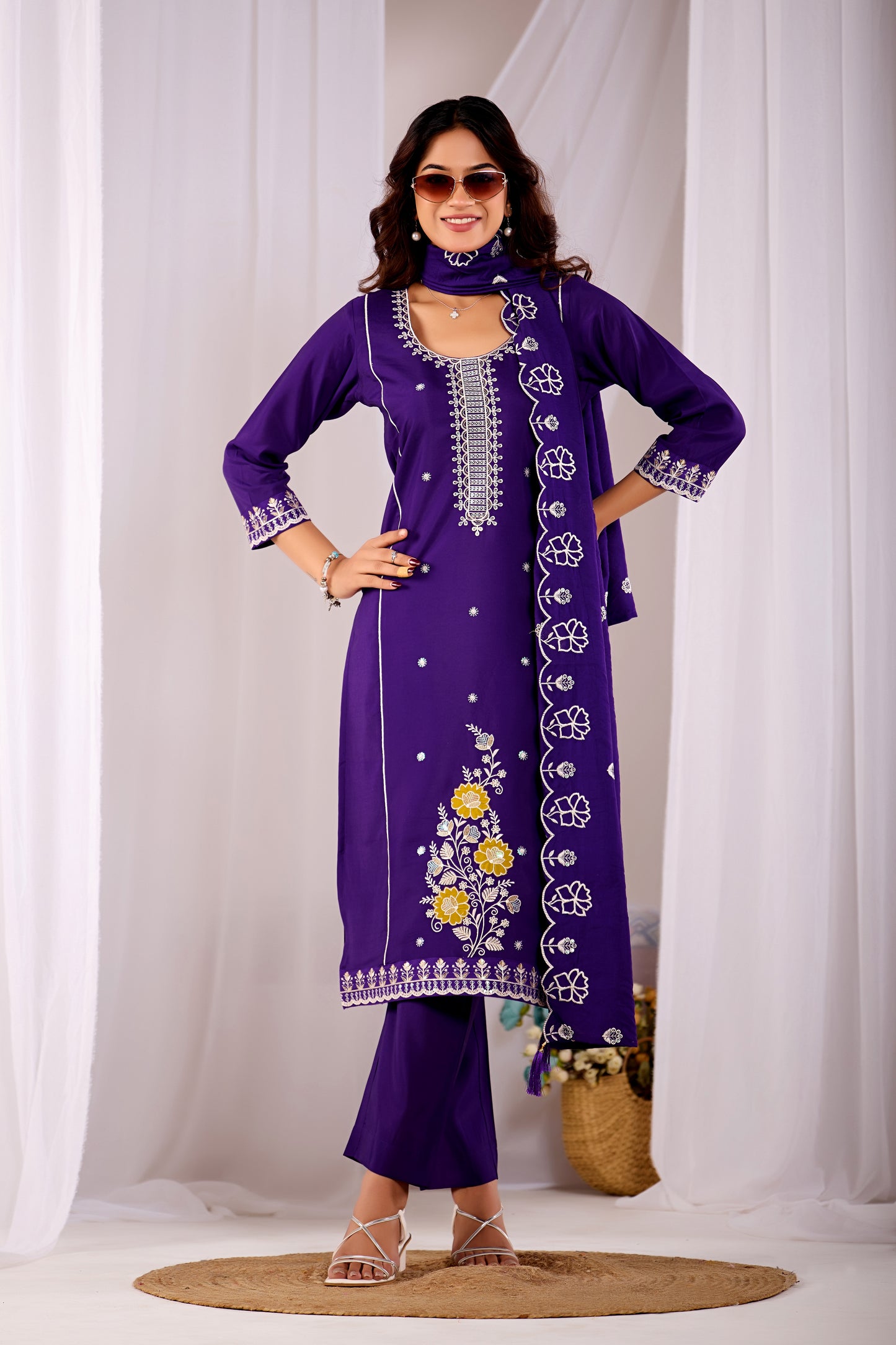 Purple Gulzar Floral Embroidered Silk Kurta Set with Dupatta
