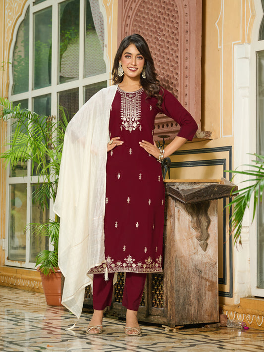 Tanvi Silk Blend Embroidered Kurta Set with Trousers and dupatta