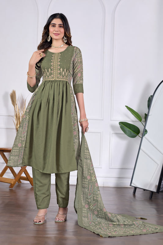 Diya Antique Olive Floral Embroidered Anarkali Pleated Kurta & Trousers With Dupatta