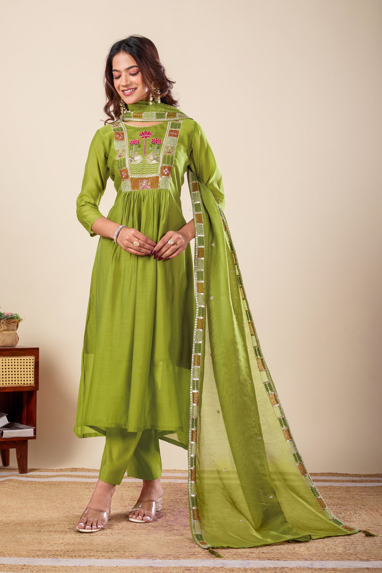 Lotus Green Embroidered Pure Mul Chanderi Anarkali Kurta With Dupatta Set