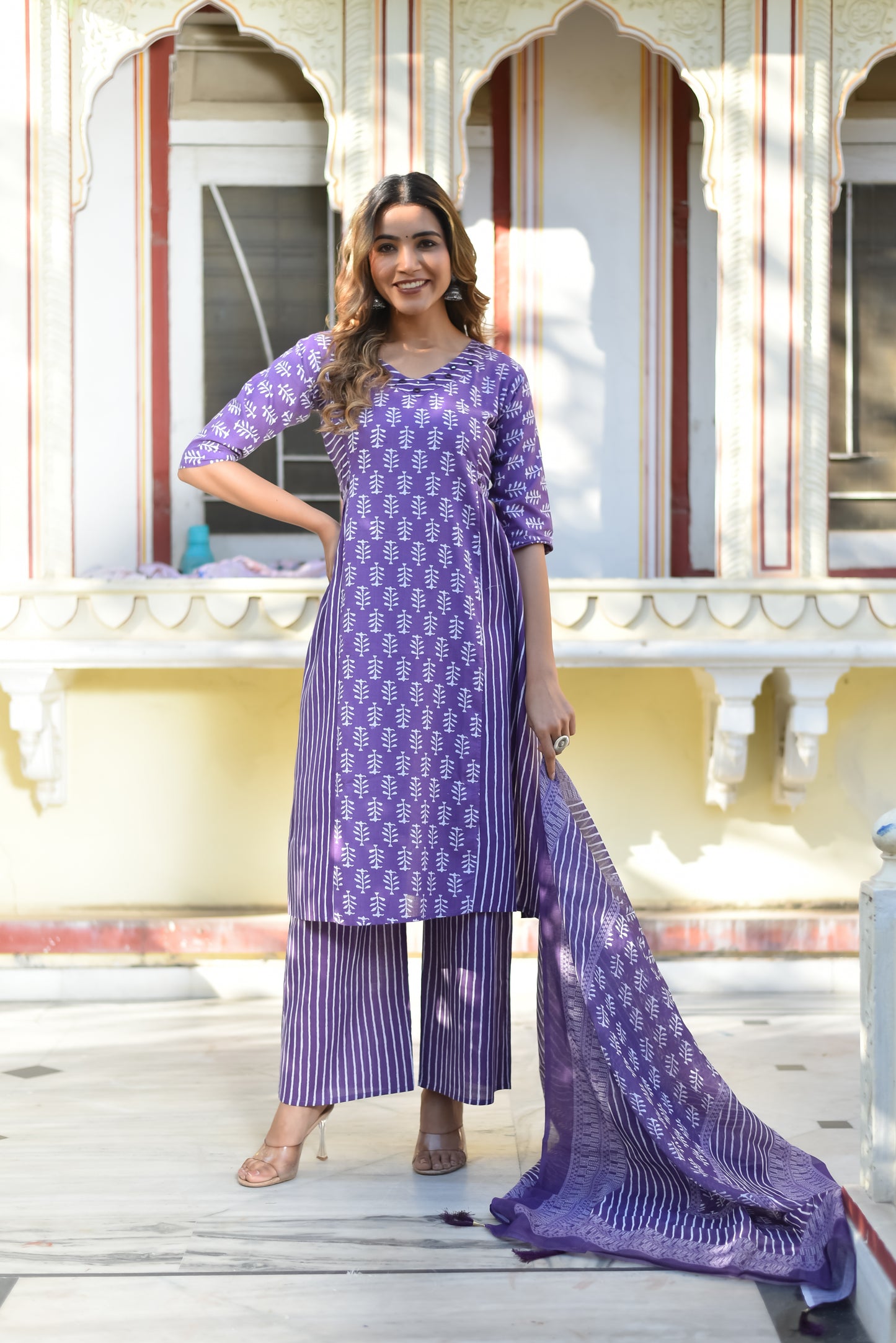 Purple Bloom Printed Cotton Kurta Set - Decize Clothing