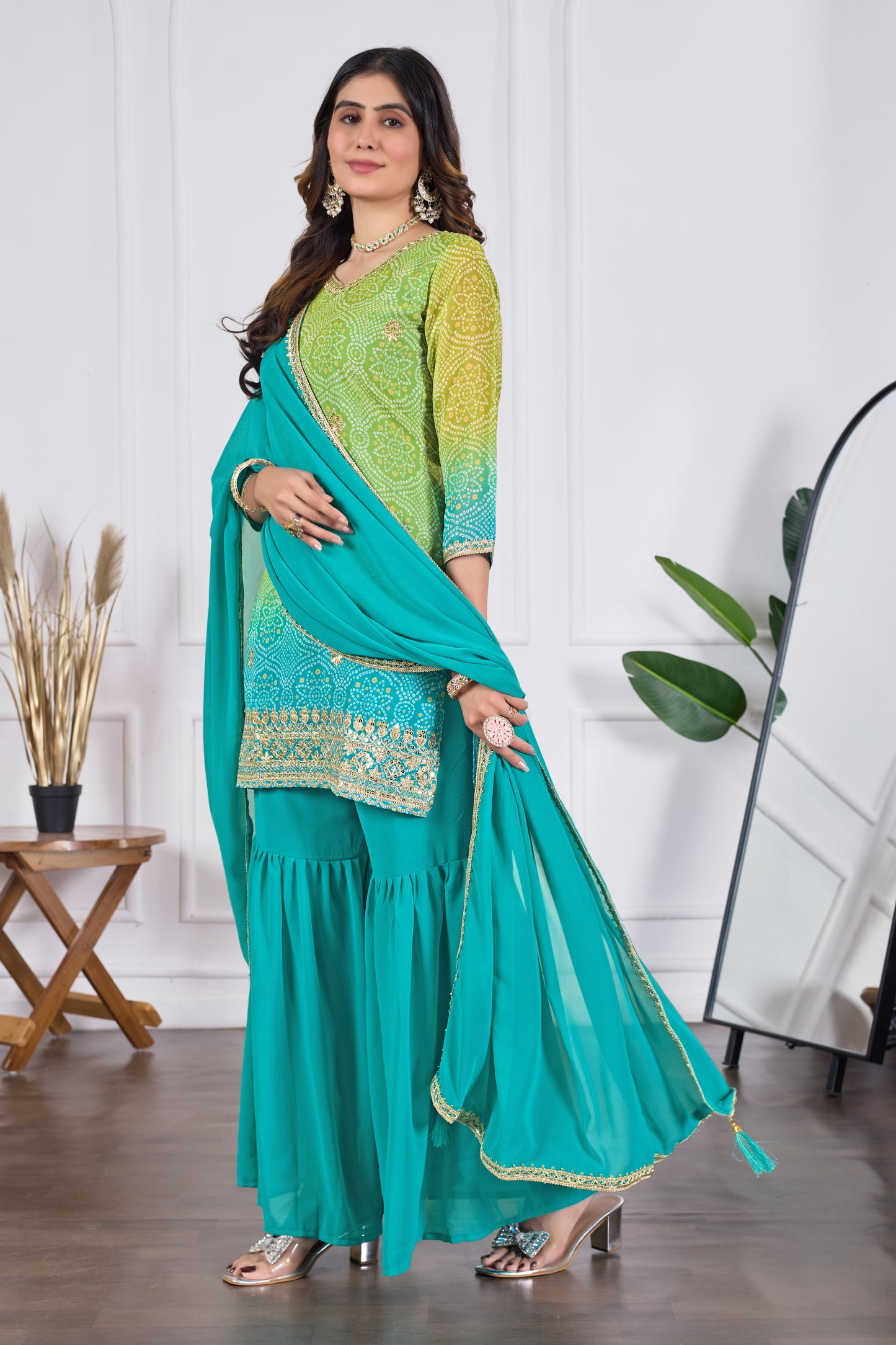 Bandhani Embroidered Printed Sharara Set with Dupatta