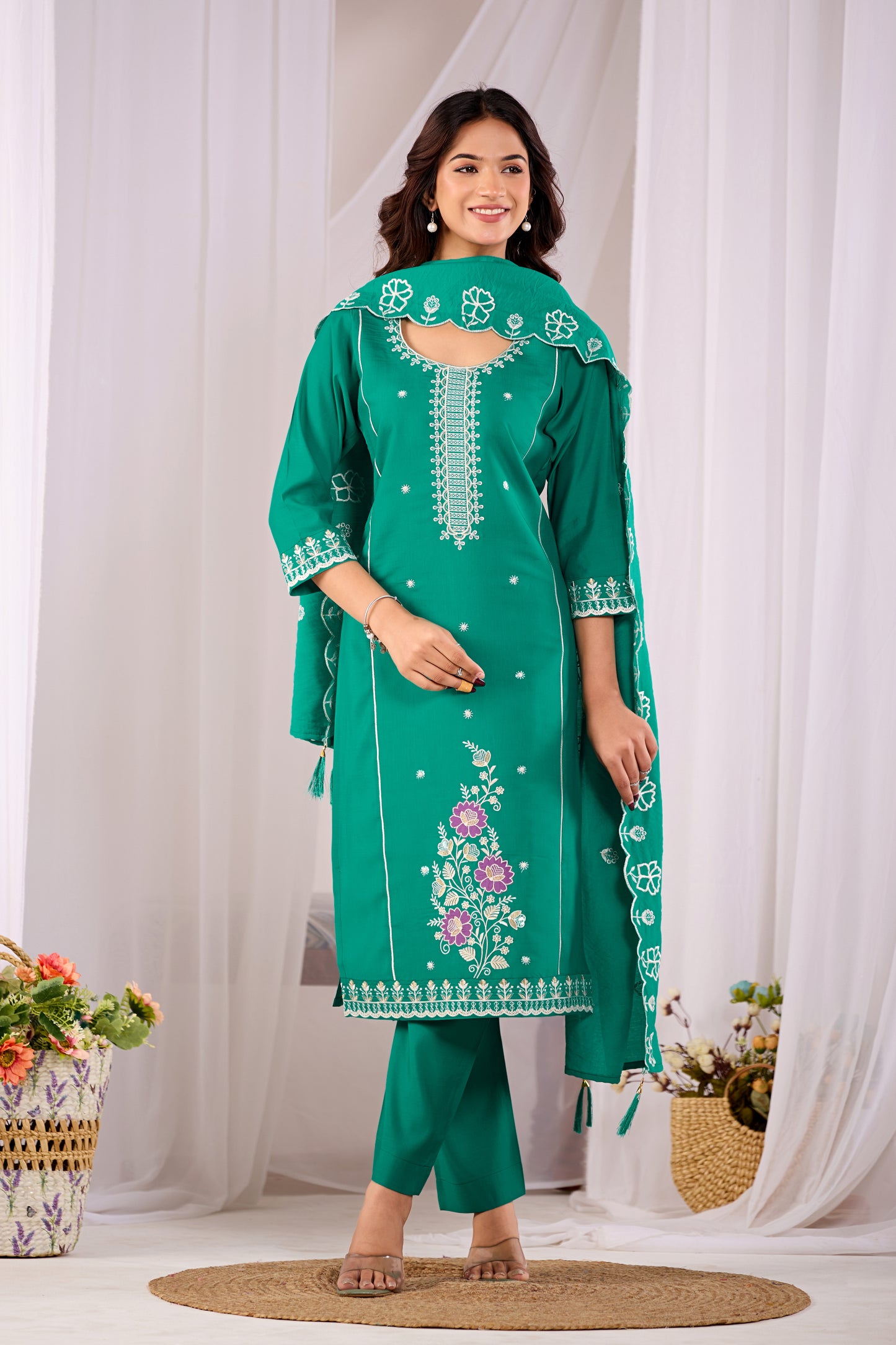 Teal Blue Gulzar Floral Embroidered Silk Kurta Set with Dupatta