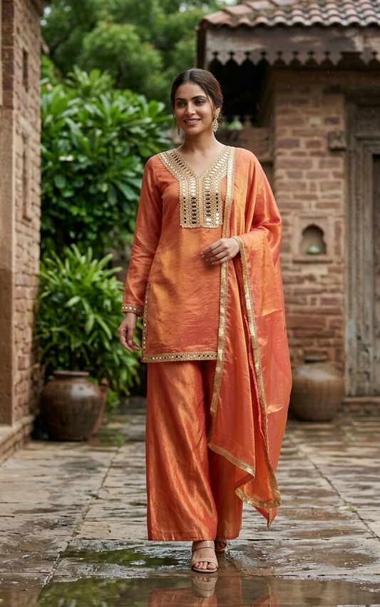 Mirror Work Embroidered Kurti with Dupatta & Plazo