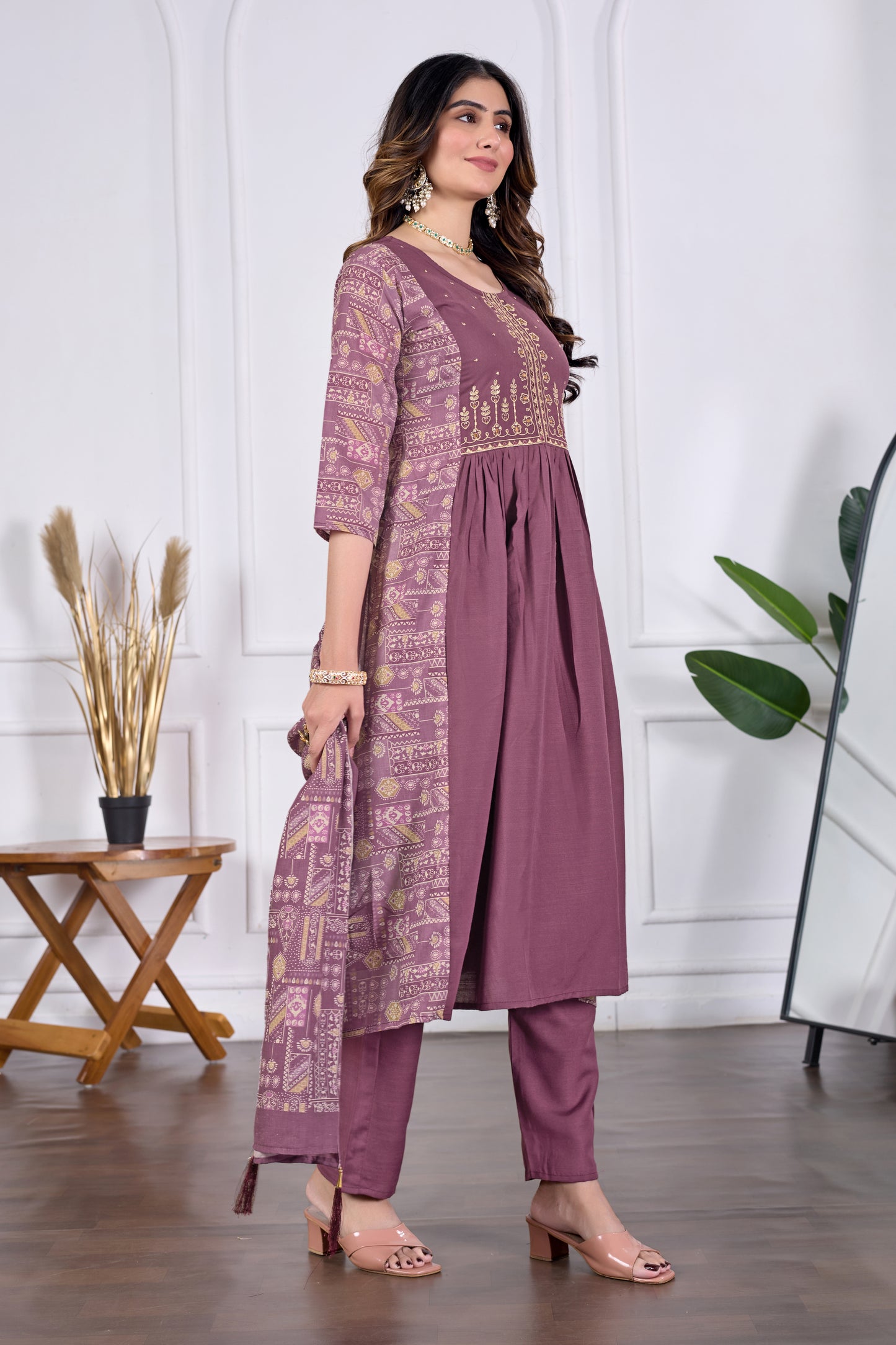 Diya Deep Mauve Floral Embroidered Anarkali Pleated Kurta & Trousers With Dupatta