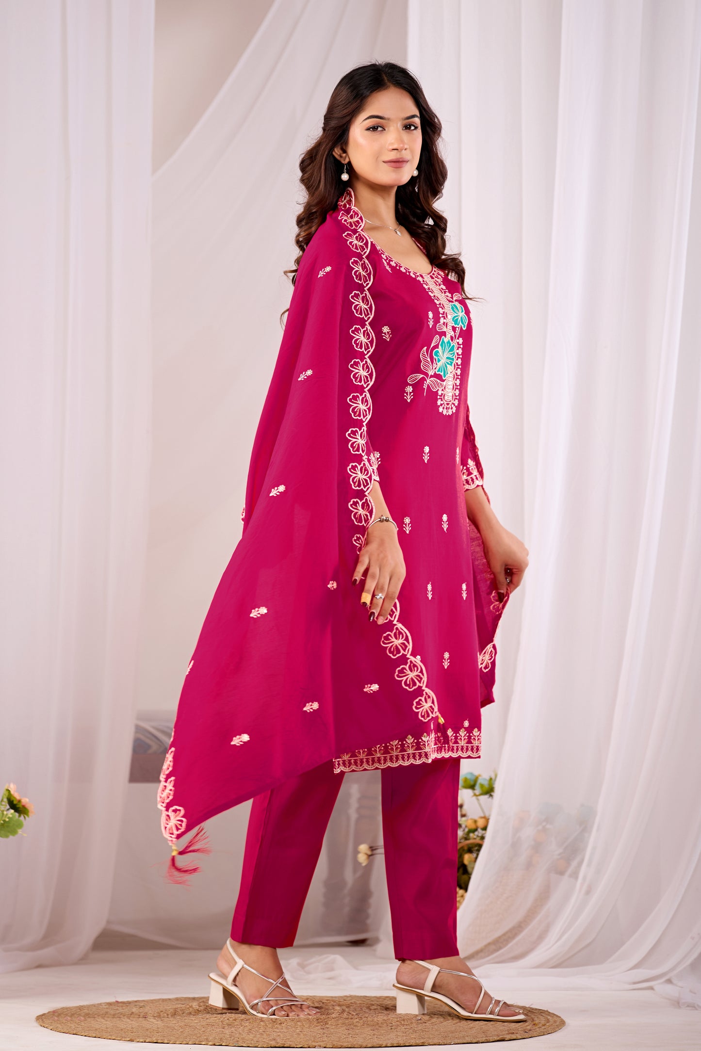 Pink Aarohi Ethnic Motifs Embroidered Silk Kurta Set with Dupatta
