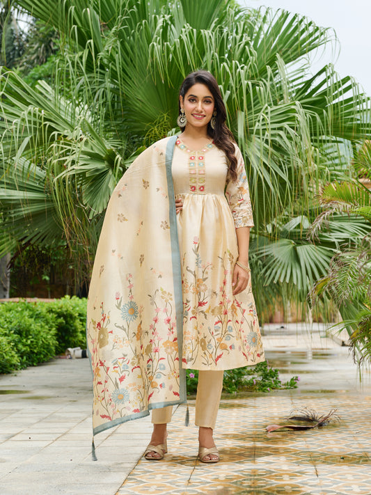 Ira Floral Printed Anarkali Pleated Kurta & Trousers With Printed Dupatta