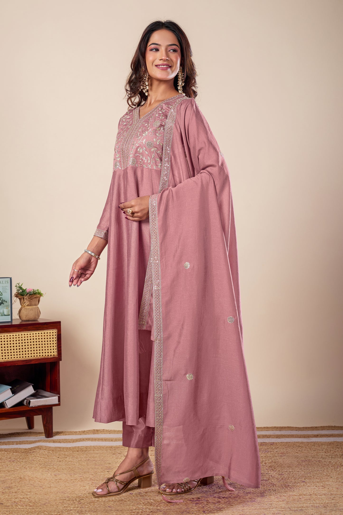 Pink Embroidered Silk Anarkali Kurta With Dupatta Set