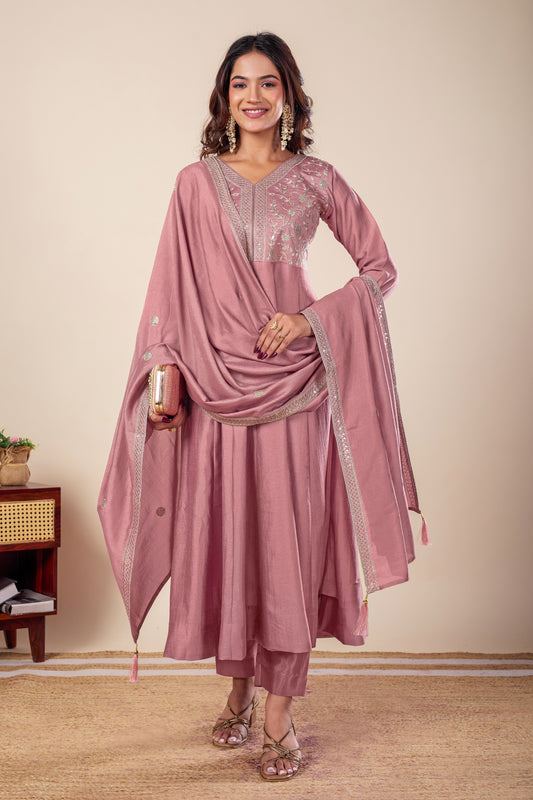 Pink Embroidered Silk Anarkali Kurta With Dupatta Set