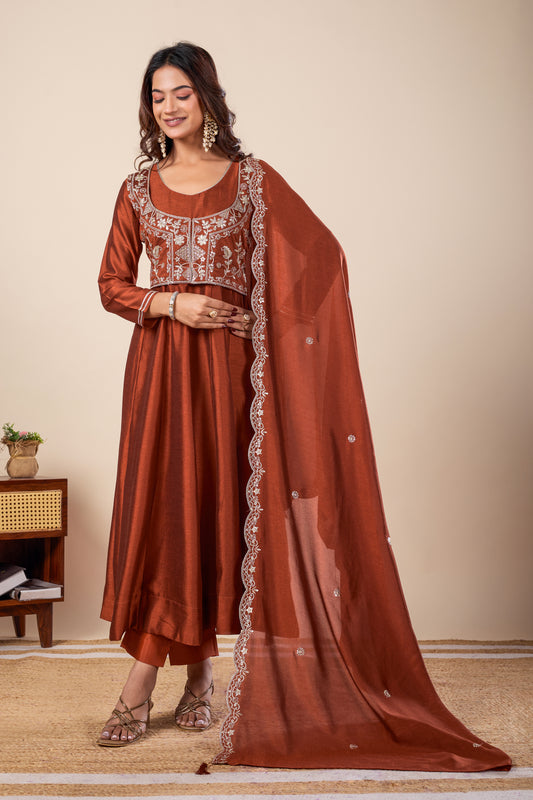 Rust Koti Embroidered Silk Anarkali Kurta With Dupatta Set
