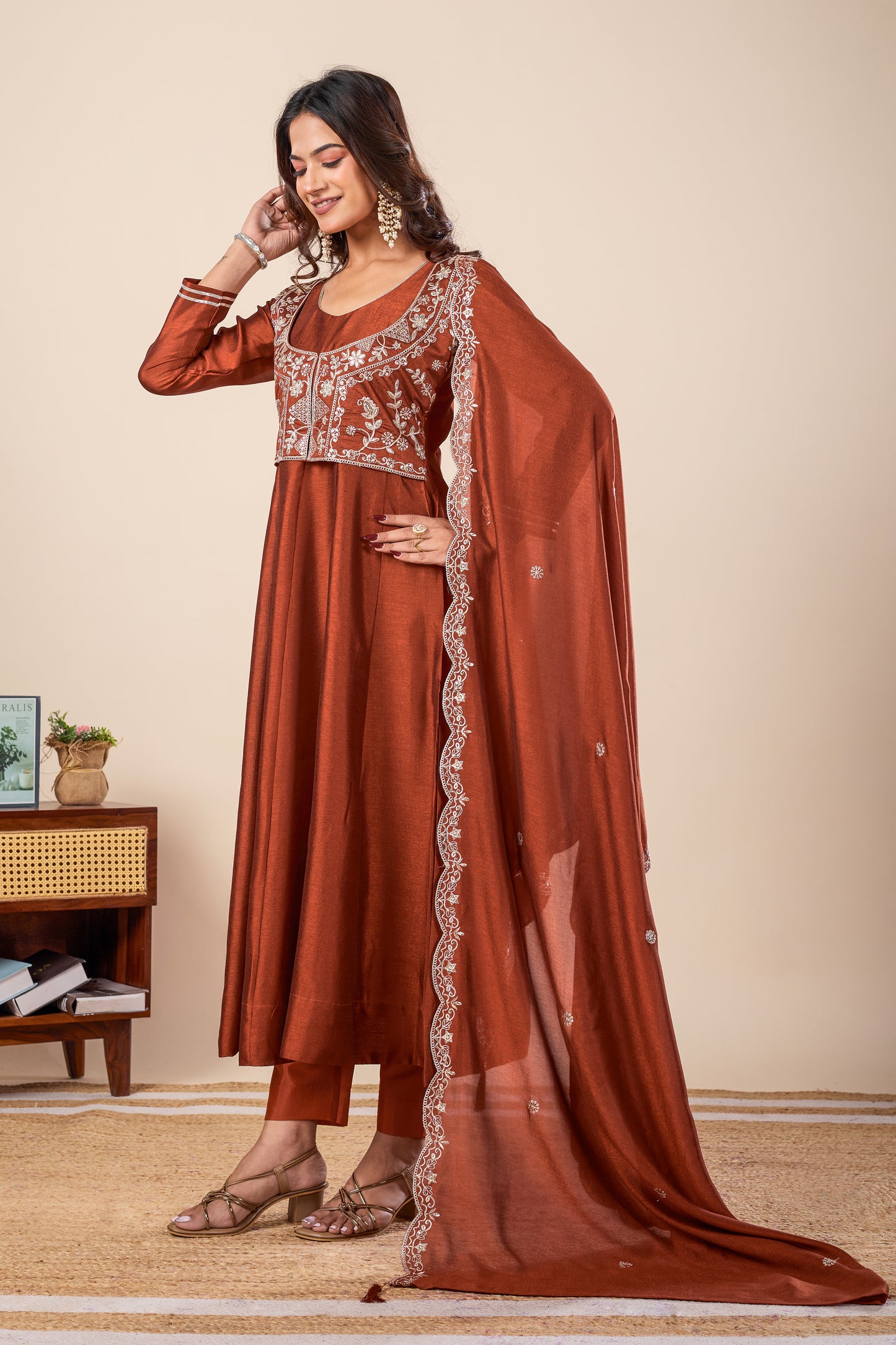 Rust Koti Embroidered Silk Anarkali Kurta With Dupatta Set