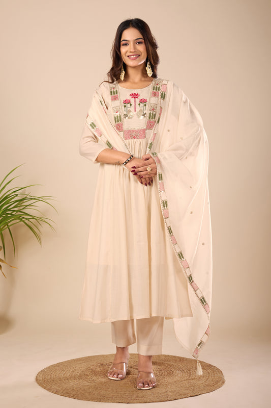 Lotus Peach Embroidered Pure Mul Chanderi Anarkali Kurta With Dupatta Set
