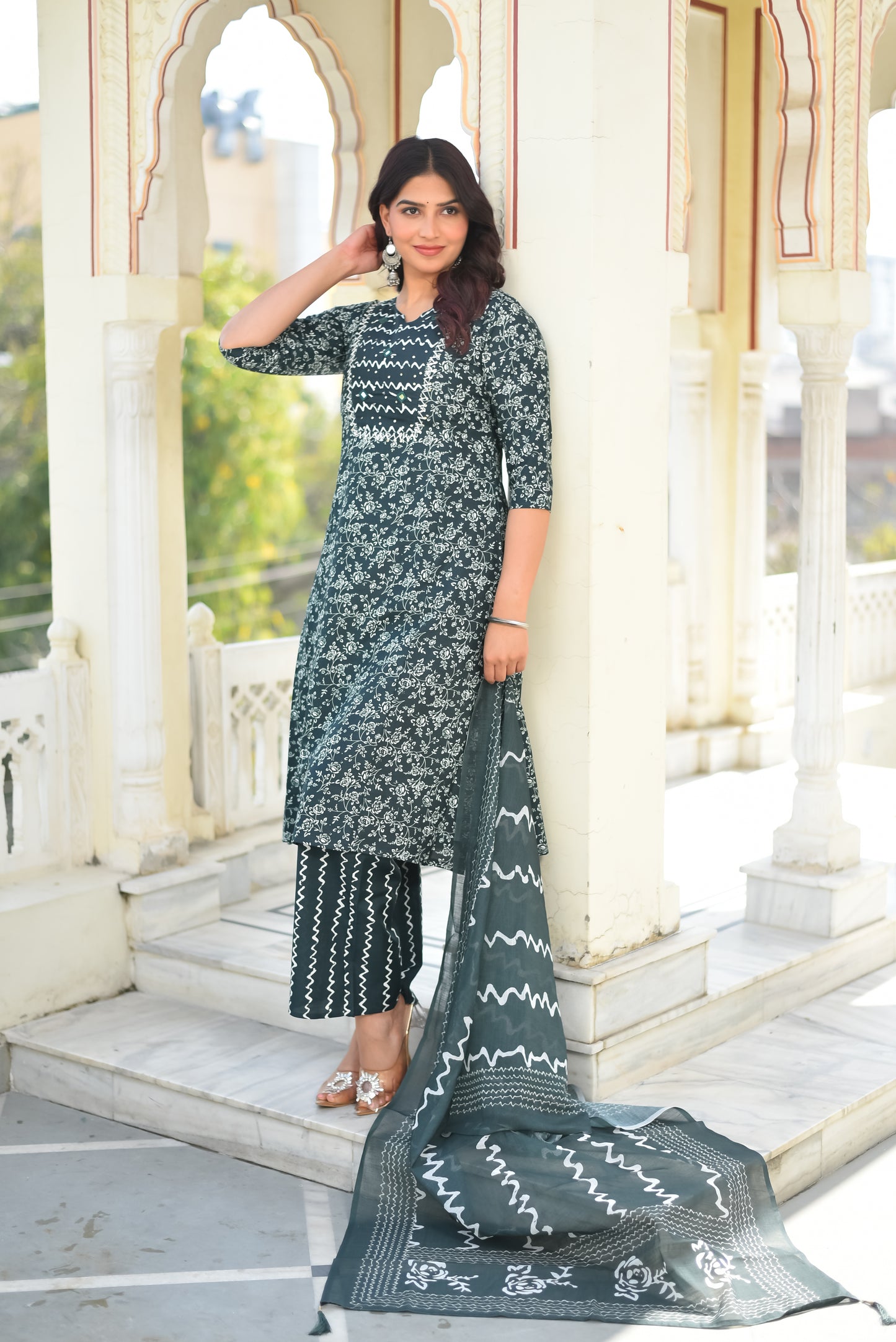 OCEAN LEAF COTTON KURTA SET WITH DUPATTA - Decize Clothing
