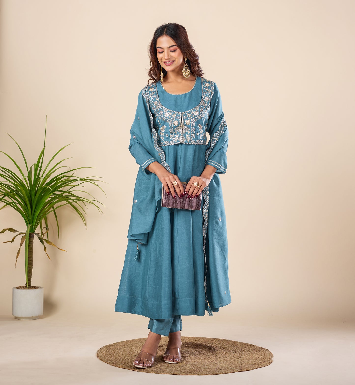 Sky Blue Koti Embroidered Silk Anarkali Kurta With Dupatta Set
