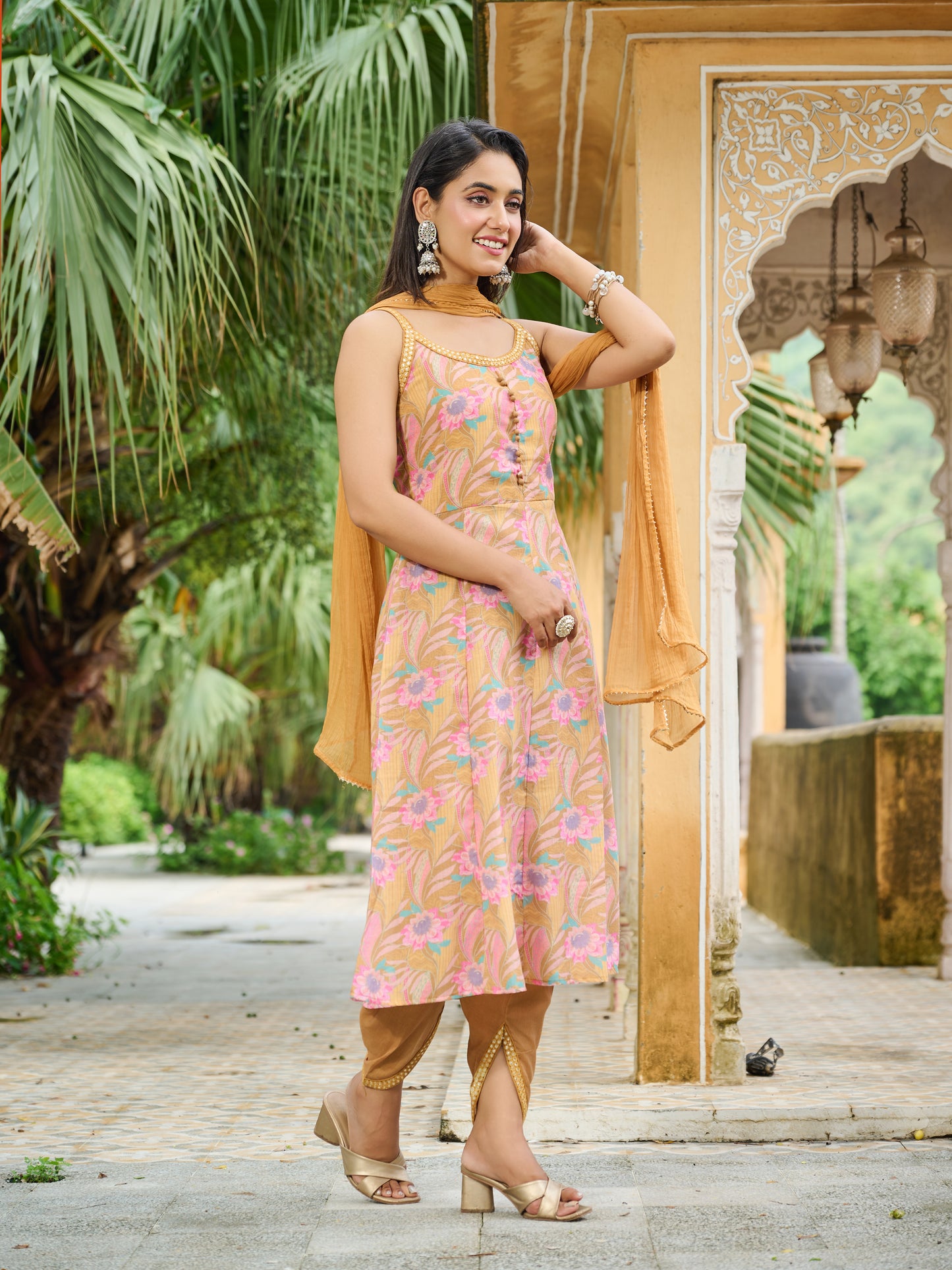 Niharika Purple & Orange Floral Printed Pure Cotton Kurta with Trousers & Dupatta
