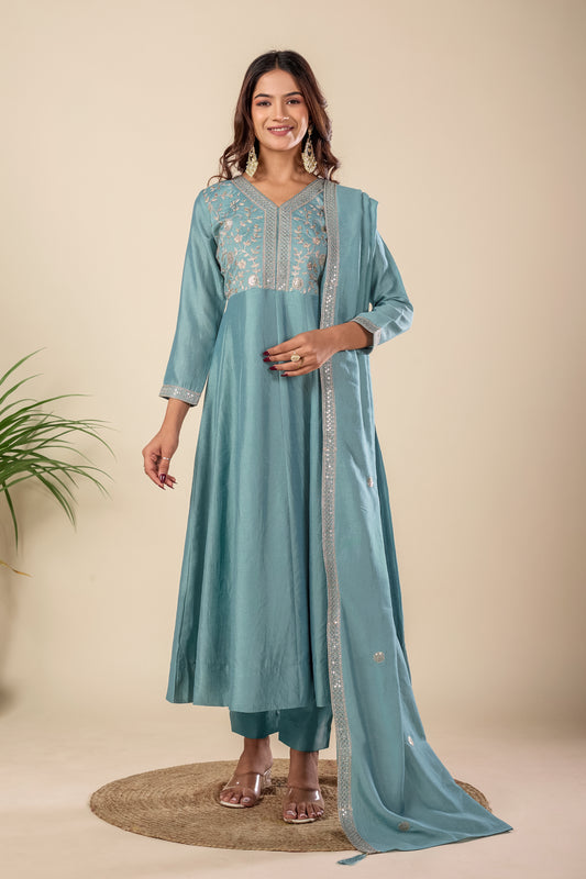 Sky Blue Embroidered Silk Anarkali Kurta With Dupatta Set