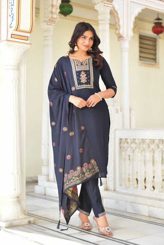 Yashika Floral Embroidered Zari Pure Silk Kurta with Trousers & Dupatta