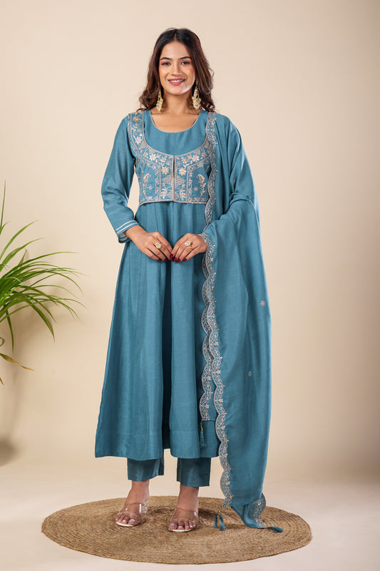 Sky Blue Koti Embroidered Silk Anarkali Kurta With Dupatta Set