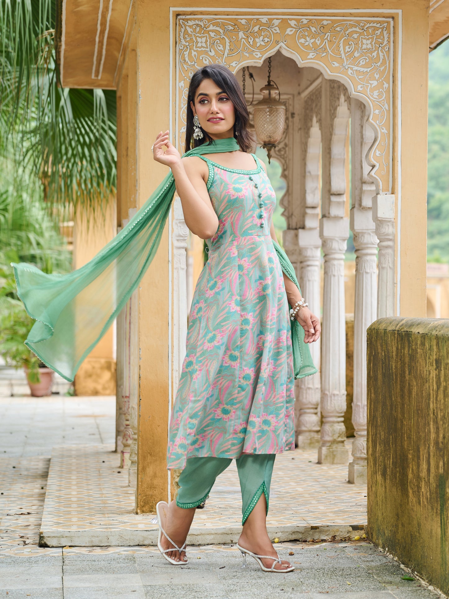 Niharika Pink & Green Floral Printed Pure Cotton Kurta with Trousers & Dupatta