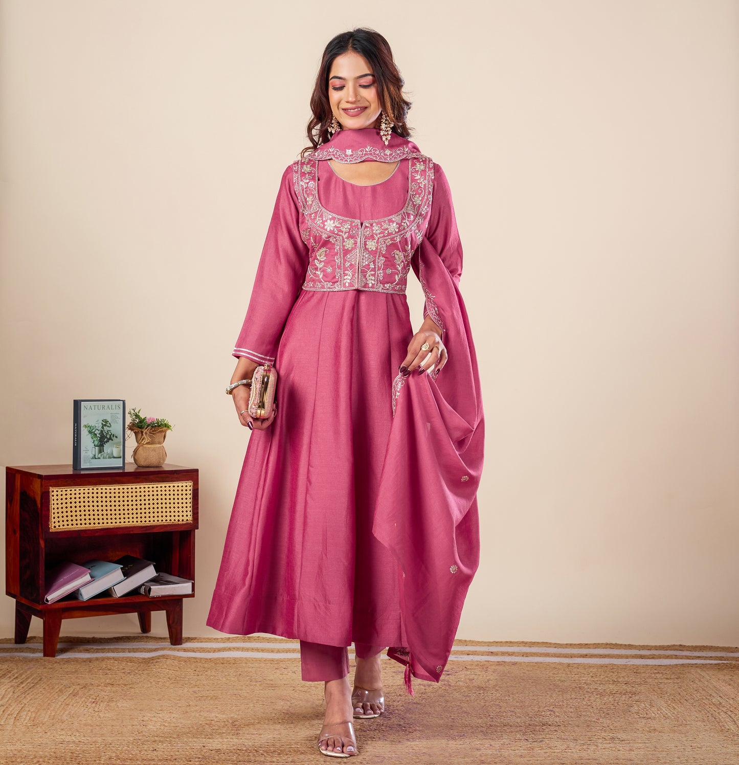 Pink Koti Embroidered Silk Anarkali Kurta With Dupatta Set
