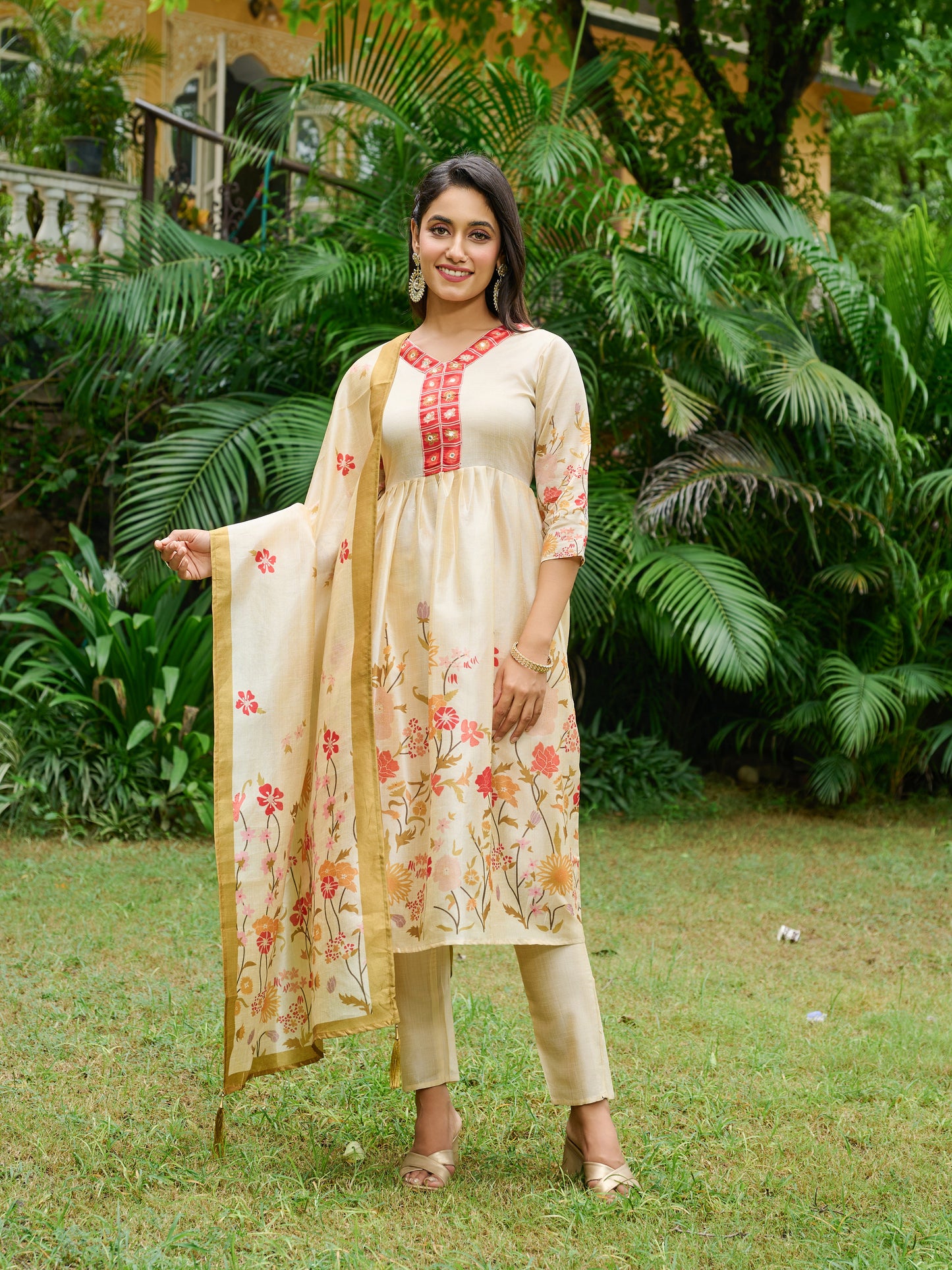 Ira Floral Printed Anarkali Pleated Kurta & Trousers With Printed Dupatta