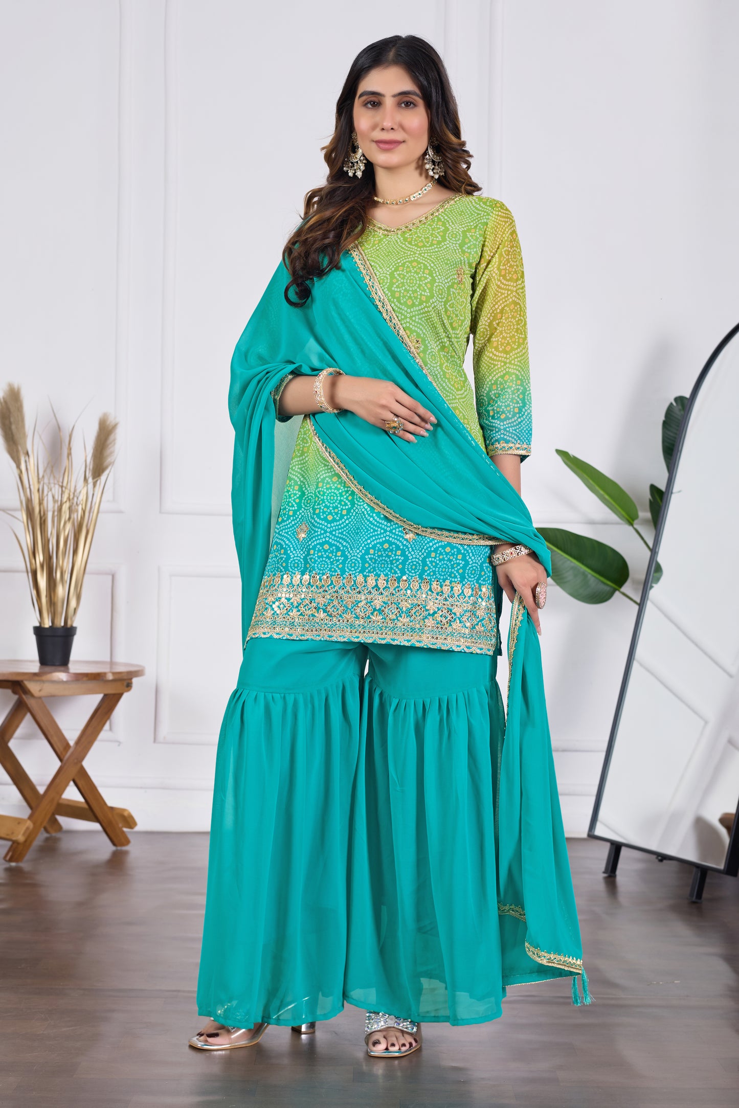 Bandhani Embroidered Printed Sharara Set with Dupatta