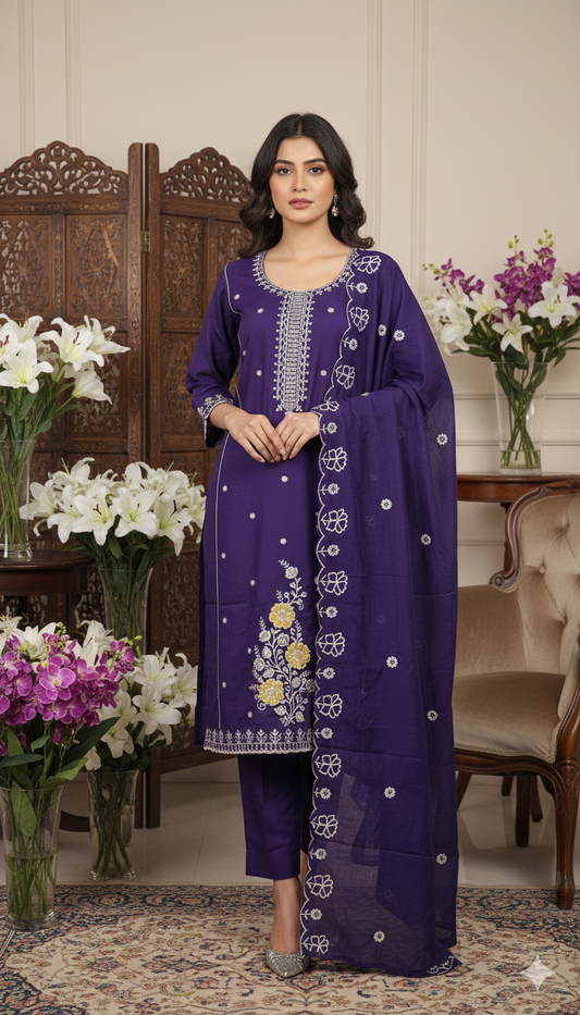 Purple Gulzar Floral Embroidered Silk Kurta Set with Dupatta