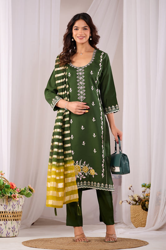 Green Heritage Embroidered Silk Kurta Set with Dupatta