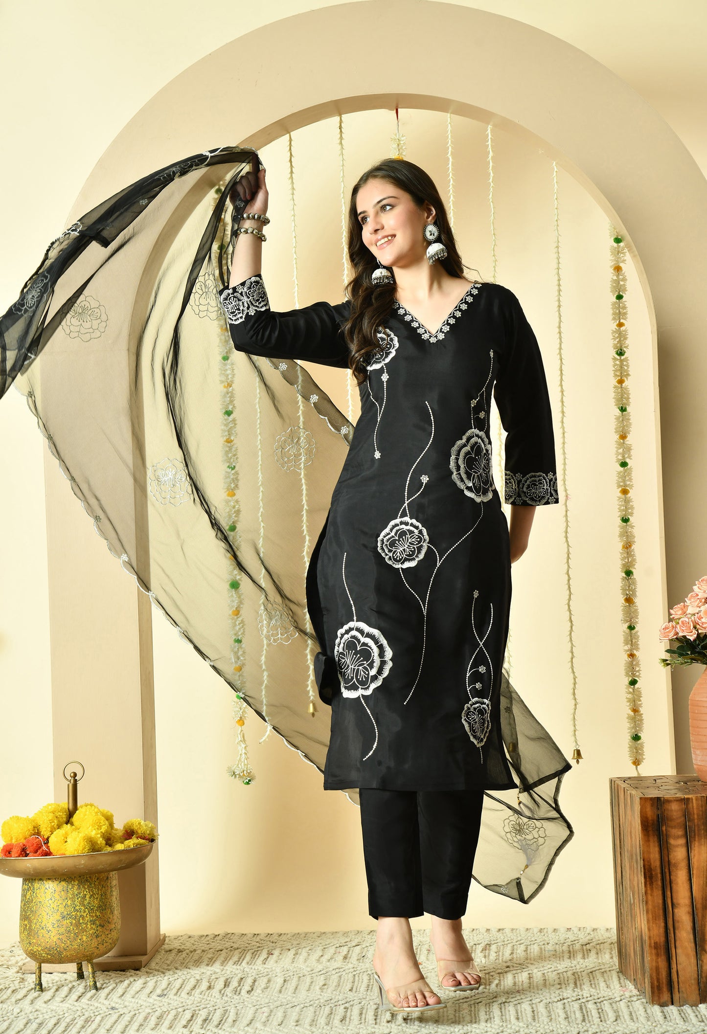 Gulab Embroidered Silk Kurta with Trouser & Dupatta