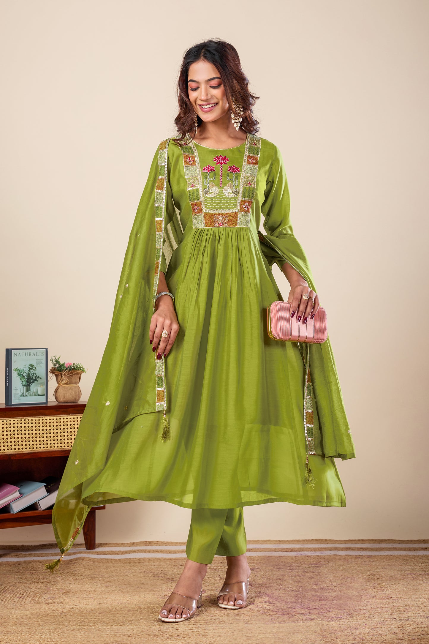 Lotus Green Embroidered Pure Mul Chanderi Anarkali Kurta With Dupatta Set