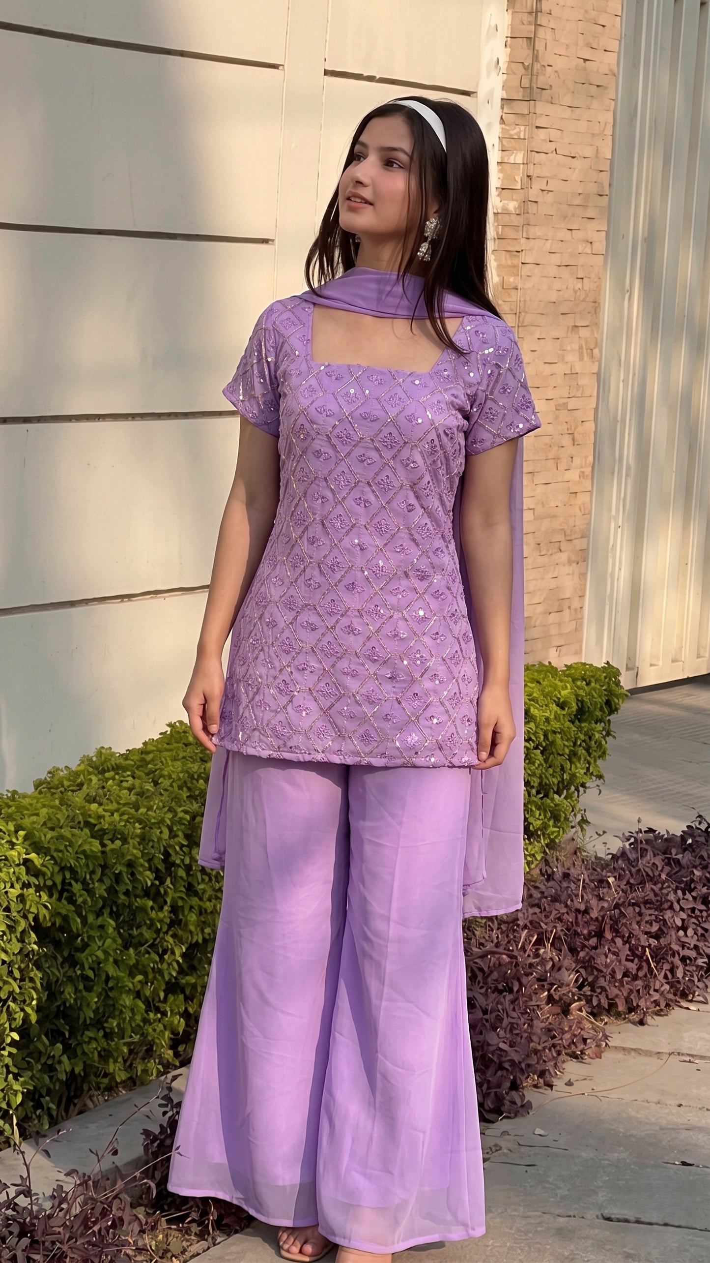 90's Style Glam Kurta Set with Bell Bottom Palazzo & Dupatta