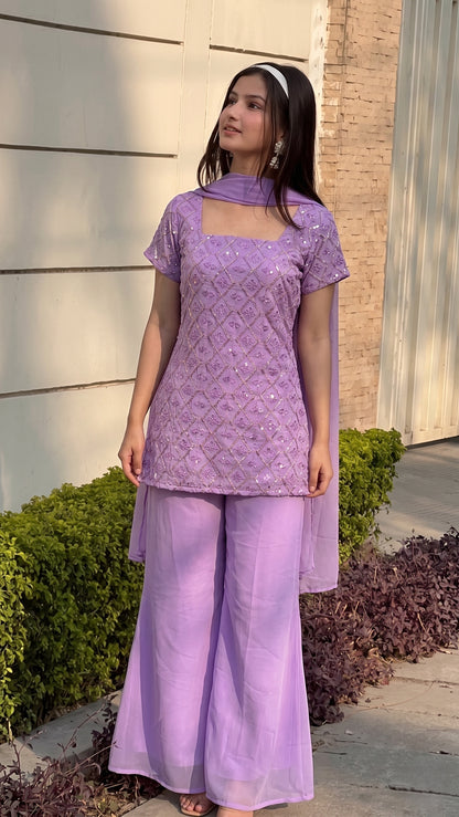 90's Style Glam Kurta Set with Bell Bottom Palazzo & Dupatta