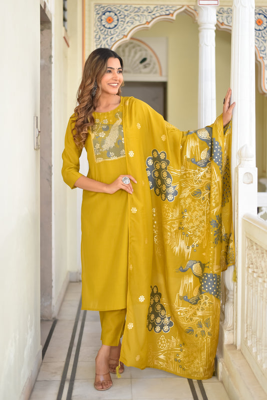 peacock Pure Silk printed Kurta with Trousers and dupatta