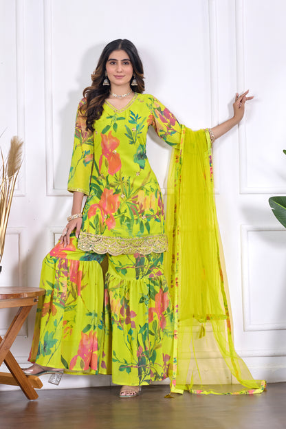 Palak Embroidered Printed Sharara Set with Dupatta