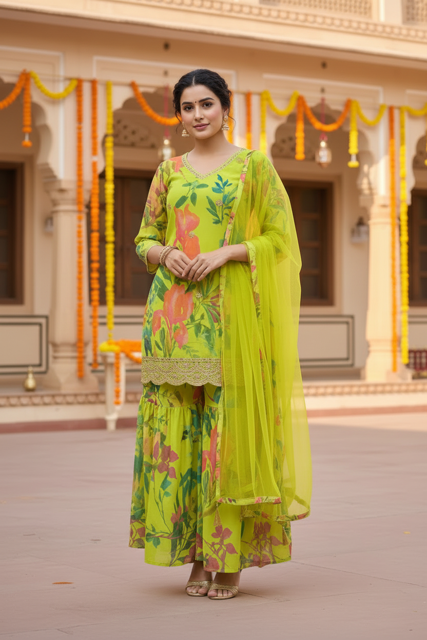 Palak Embroidered Printed Sharara Set with Dupatta
