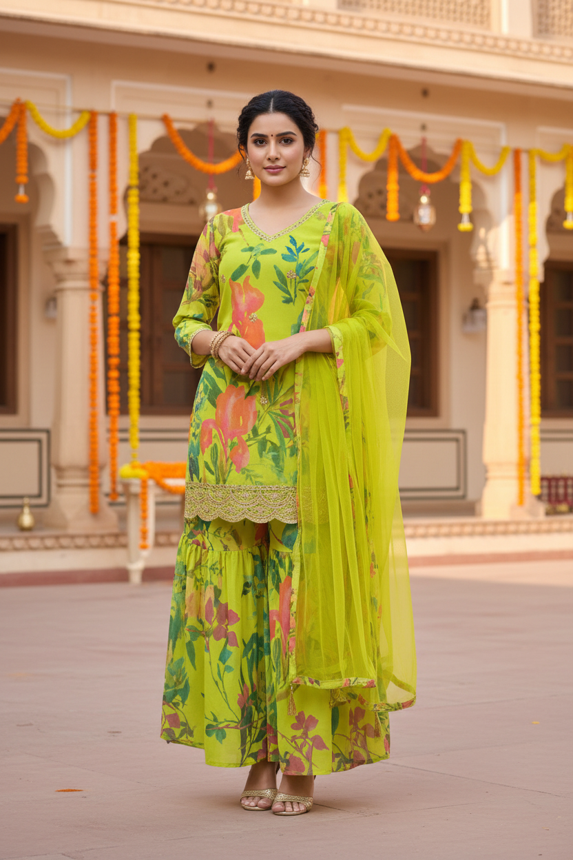 Palak Embroidered Printed Sharara Set with Dupatta