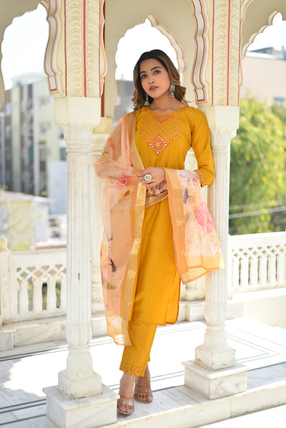 Prisha Motifs Embroidered Silk Kurta with Trouser & Dupatta