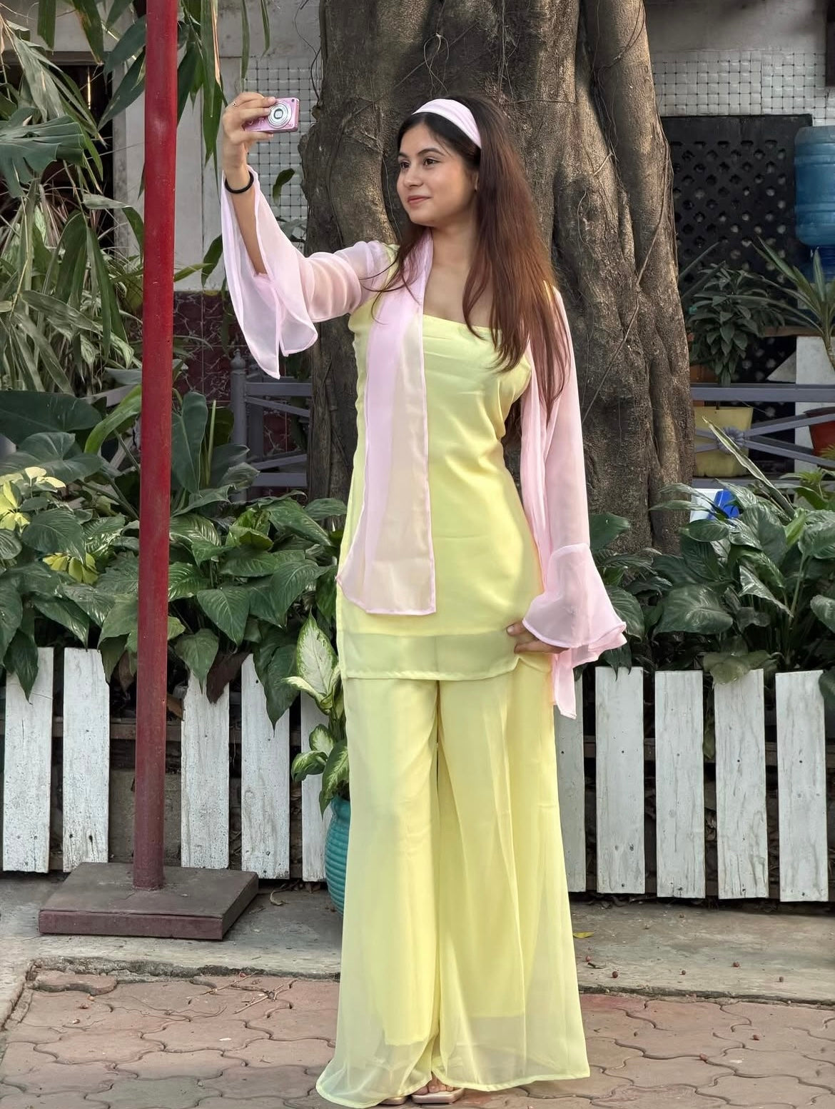90's Style Iconic Pastel Yellow Kurta Set with Bell Bottom Palazzo & Dupatta
