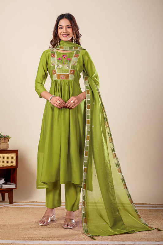 Lotus Green Embroidered Pure Mul Chanderi Anarkali Kurta With Dupatta Set