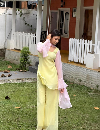 90's Style Iconic Pastel Yellow Kurta Set with Bell Bottom Palazzo & Dupatta