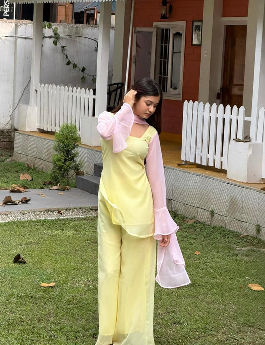 90's Style Iconic Pastel Yellow Kurta Set with Bell Bottom Palazzo & Dupatta
