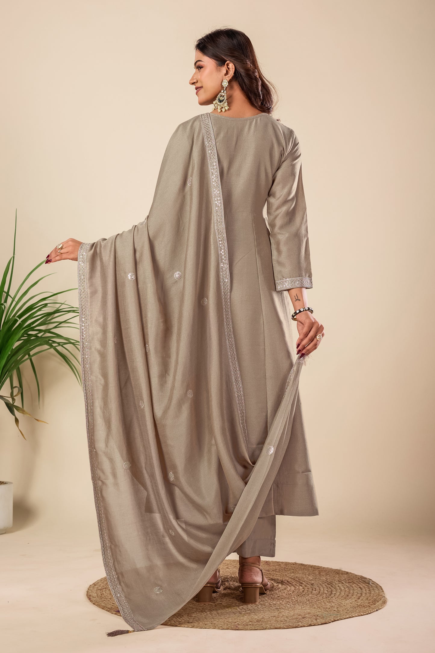 Beige Embroidered Silk Anarkali Kurta With Dupatta Set