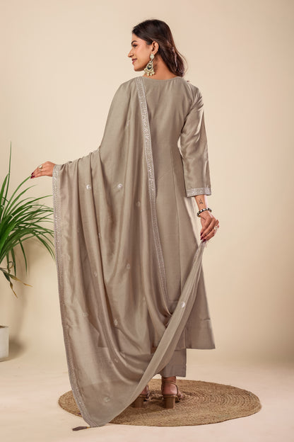 Beige Embroidered Silk Anarkali Kurta With Dupatta Set
