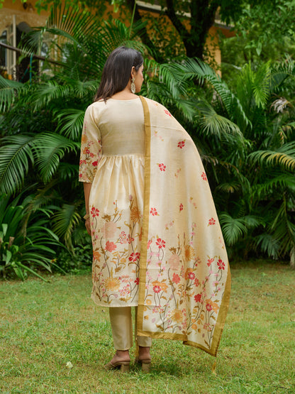 Ira Floral Printed Anarkali Pleated Kurta & Trousers With Printed Dupatta